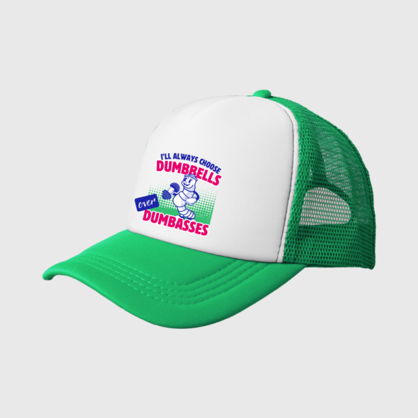 Green trucker hat Dumbbells over Dumbasses